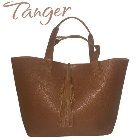 tanger Handbags - Tanger Brown Pebbled Faux Leather Large Tassel Boho Tote Bag
